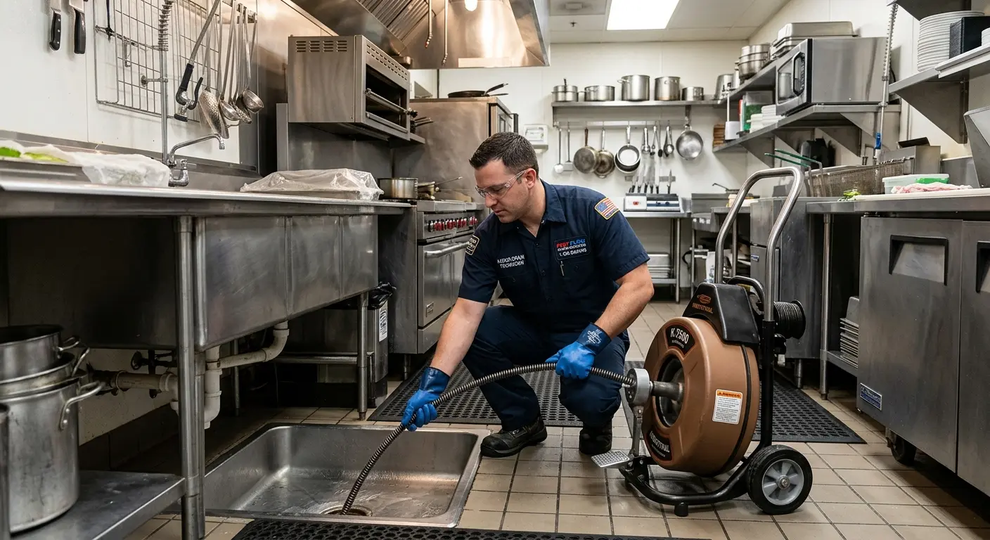 Commercial drain cleaning service in a restaurant kitchen in Grandview