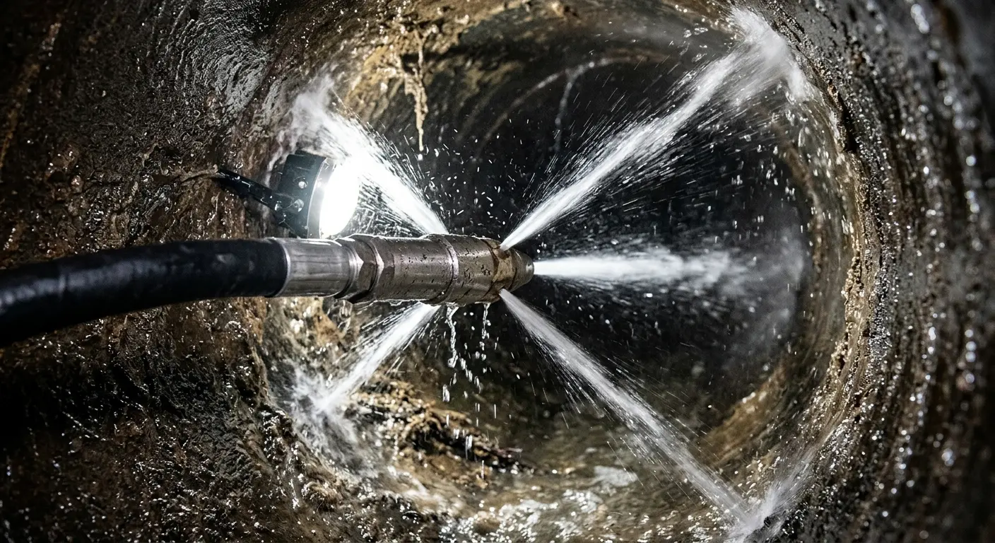 High-pressure hydro jetting nozzle cleaning sewer pipe for Sewer Cleanout in Grandview